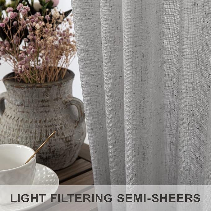 Light Grey Curtains 45 Inch Length for Kitchen Door 2 Panels Sets Rod Pocket Back Tab Loops Flax Linen Semi Transparent Opaque Short Gray Curtains for Bathroom Small Window Bedroom Contemporary Decor