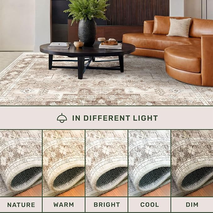 Hazo Haus Beige Farmhouse Washable 7x10 Area Rugs for Living Room, Bedroom, Dining Room Table, Vintage Floral Décor, Non-Slip Stain & Fade Resistant (7x10 Beige/Latte)
