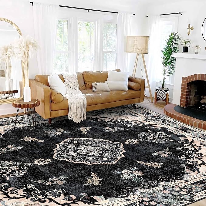 MUJOO 9x12 Area Rug Black Washable Rug Non Slip Low-Pile Floral Large | Machine Washable Throw Carpet for Living Room Bedroom Dining Room Boho Soft Big Floor Indoor Vintage Bohemian Flowers