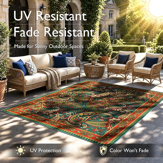 Arenarug Paisley Outdoor Rug Waterproof 4x6, UV Resistant Non Slip Patio Rug, Indoor Outdoor Boho Camping Rug Linen-Look RV Carpet for Deck Balcony Backyard, Terracotta