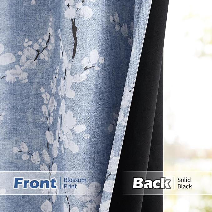 FMFUNCTEX 100% Blackout Blue Floral Curtains, Rod Pocket 18 Inch 1 Panel | Black Out Drapes, Thermal Insulated, Blossom Patterned Short Panel for Kitchen Curtains, Cafe, Bathroom, Door Glass