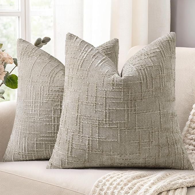 decorUhome Textured Chenille Throw Pillow Covers 22x22 Set of 2 Light Brown | Fall Modern Farmhouse Soft Cozy Slubby Couch Pillow Cases Boho Decorative Pillow Cases for Bed Sofa Living Room Home Decor