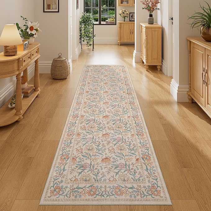 DUKINO 2x6 Runner Rug, Washable Vintage Floral Kitchen Rug, Beige | Non Slip, Low Pile, Non-Shedding, Stain Resistant Soft Carpet Runner for Hallway Bathroom Entryway Bedroom Laundry Farmhouse