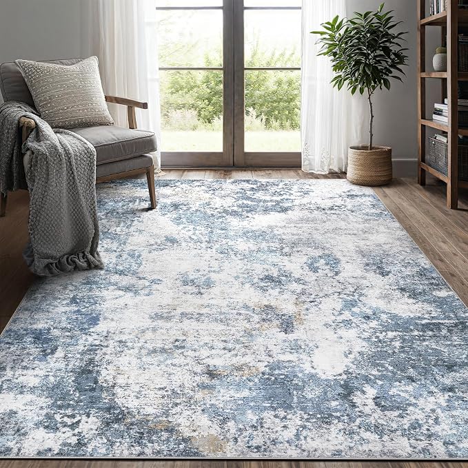 DMOYEST 6x9 Area Rug - Washable & Non Slip Indoor Rug for Living Room, Kid & Pet Friendly Abstract Low Pile Soft Carpet for Bedroom and Dining Room - Blue