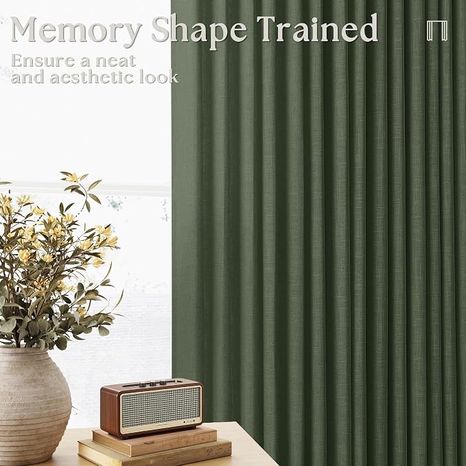 80 Inches Long Olive Green Linen Curtains for Living Room Pinch Pleat Hooks for Living Room Back Tab Thick Linen Textured Pleated Drapes Light Filtering Loden Bedroom Window Curtains 80 Inch Length