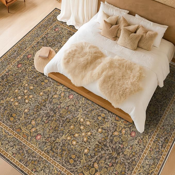 Washable 9x12 Living Room Rug - Gold Brown Floral Area Rug for Dining Room Under Table, Low Pile Non-Slip Floor Carpet for Bedroom Under Bed - Vintage Taupe Design & Stain Resistance