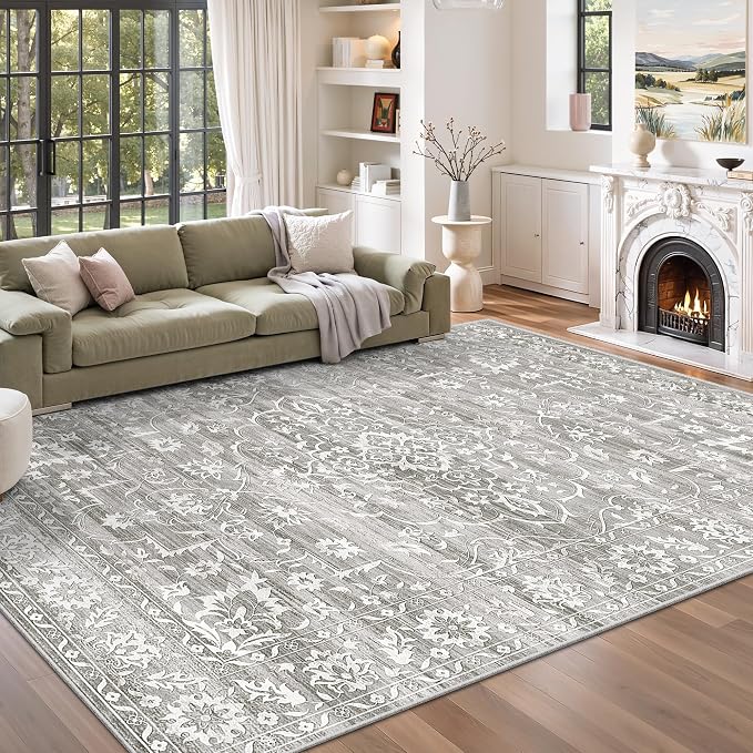 Soalmost 6x9 Area Rugs for Living Room, Washable Bedroom Soft Rug Grey | Vintage Floral Non-Slip Low Pile Stain Resistant Throw Large Neutral Carpet for Dining Room Kitchen Home Office Nursery 6'x9'