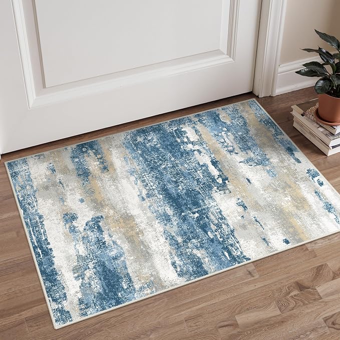 GENIMO 2x3 Rugs for Entryway, Washable Bathroom Kitchen Rugs Non Slip, Modern Abstract Soft Small Area Rug Indoor, Low Pile Throw Carpet, Sky Blue