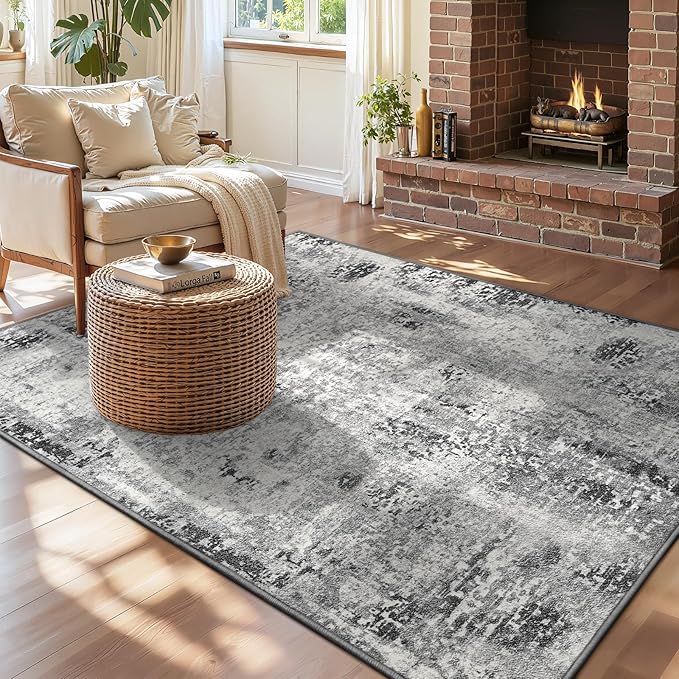 Entryway Rug 3x6 Grey Bedroom Area Rug Washable Non Slip Abstract Boho Rugs for Indoor Entry, Kitchen, Classroom, Bathroom, Kids Girls Room, Office, College Dorm Small Carpet