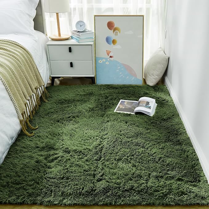 Ophanie Gray Green Grass Area Rugs for Bedroom, 3x5 Shag Fluffy Carpet, Fuzzy Furry Plush Soft Cute Kids Baby Shaggy Bedside Floor Rug for Teen Dorm Home with Over 99 pcs Pile fibers