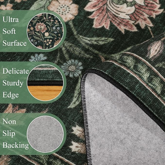 DUKINO 2.6x8 Runner Rug, Washable Vintage Floral Kitchen Runners Dark Green | Non Slip, Low Pile, Non-Shedding Soft Carpet for Hallway Bathroom Laundry Entryway Bedroom Farmhouse, Kids and Pets Friendly