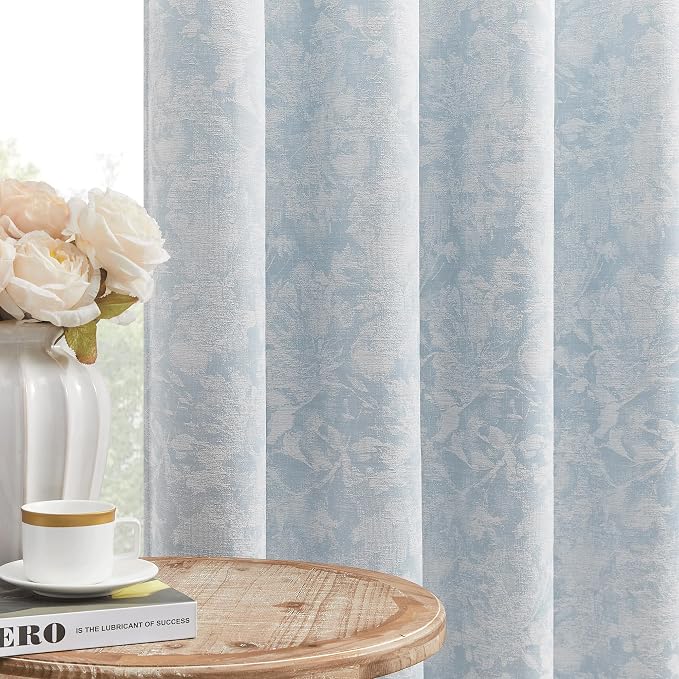 Beauoop Blue Floral Jacquard Blackout Curtains for Bedroom 52x108 2 Panels | Flower Chenille Room Darkening Drapes for Living Room 108 Inch Long Thermal Insulated Soundproof Window treatment Grommet