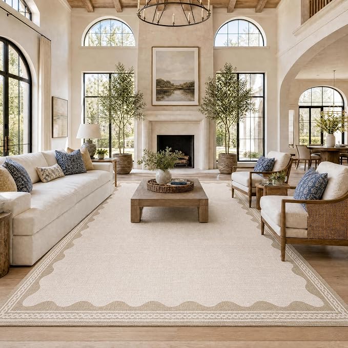 GarveeHome Scalloped Beige Washable Rugs 10x13 Rug for Living Room Non-Slip Solid Modern Minimalism 10 x 13 Rug Low-Pile Carpet for Bedroom Dining Nursery Mat with Rubber Back