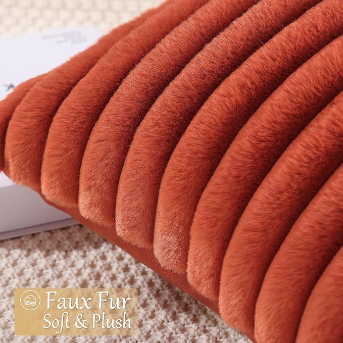 decorUhome Fall Faux Fur Throw Pillow Covers 20x20 Set of 4 Rust/Beige | Decorative Modern Farmhouse Soft Cozy Striped Pillow Cases Velvet Back for Sofa Bed Living Room Classic Accent Home Decor