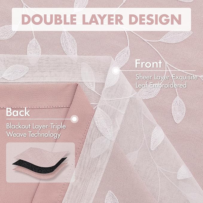 MIULEE Double Layer Curtains 84 Inches Long, White Leaf Patterned Sheer Floral Drapes and Pink Blackout Room Darkening Window Curtains for Living Room Bedroom, Grommets Top, 52" W x 84" L, 2 Panels