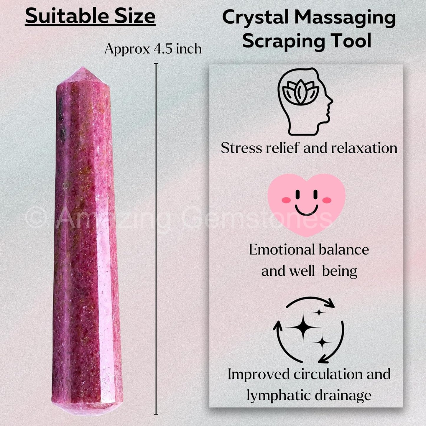 Amazing Gemstone Rhodonite Crystal Wand Massage Stick - Pelvic Wand Gua Sha for Adults - Crystals and Healing Stones Massage Wands for Adults Gifts (Pointed)
