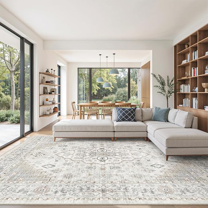 befbee 8x10 Area Rugs for Living Rooms, Stain Resistant Neutral Washable Rugs for Dining Rooms, Floral Vintage Non-Slip Thin Large Size Area Rug(Light Grey)