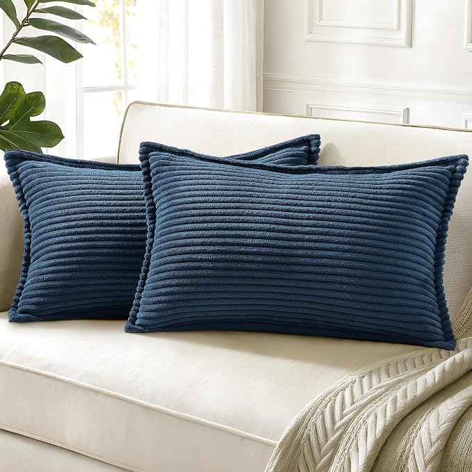 decorUhome Fall Corduroy Navy Blue Throw Pillow Covers 12x20 Set of 2 | Lumbar Couch Decorative Soft Modern Boho Farmhouse Pillow Covers Broadside Striped Pillow Cases for Living Room Bed Sofa