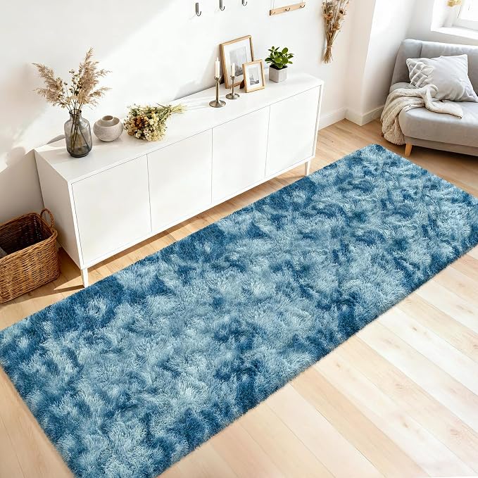 3x10ft Plush High Pile Blue Tie-Dyed Rug Fluffy Soft Runner Bedside Rug for Bedroom Living Room Hallway Nursery Kids Home Decor Shag Carpet