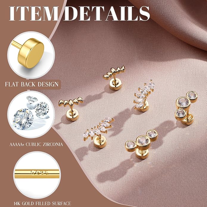 14K Gold Plated Solid 925 Sterling Silver Post Flat Back Earrings Stud | Cartilage Helix Conch Tragus Piercing Jewelry 3 Pairs Tiny Screw Dainty CZ Opal Earring Set Men Women