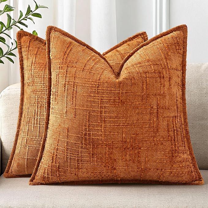 decorUhome Chenille Fall Throw Pillow Covers 26X26 Set of 2, Soft Textured Slubby Modern Decorative Pillow Covers with Elegant Design for Couch, Sofa, Living Room, Burnt Orange