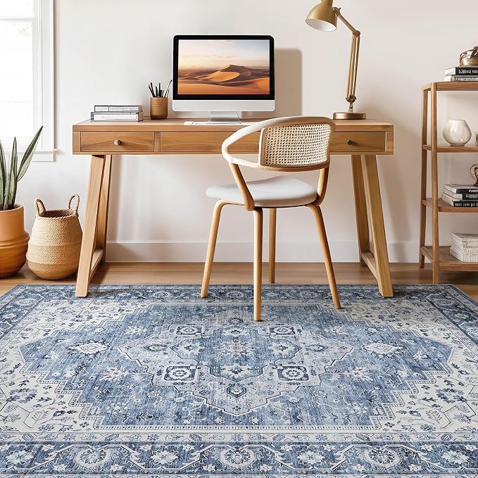8x10 Area Rugs Living Room: Washable Boho Large Neutral Vintage Soft Rug Stain Resistant Farmhouse Non-Slip Indoor Floor Retro Carpet for Bedroom Nursery Kids Office Dining Room- Blue Gray