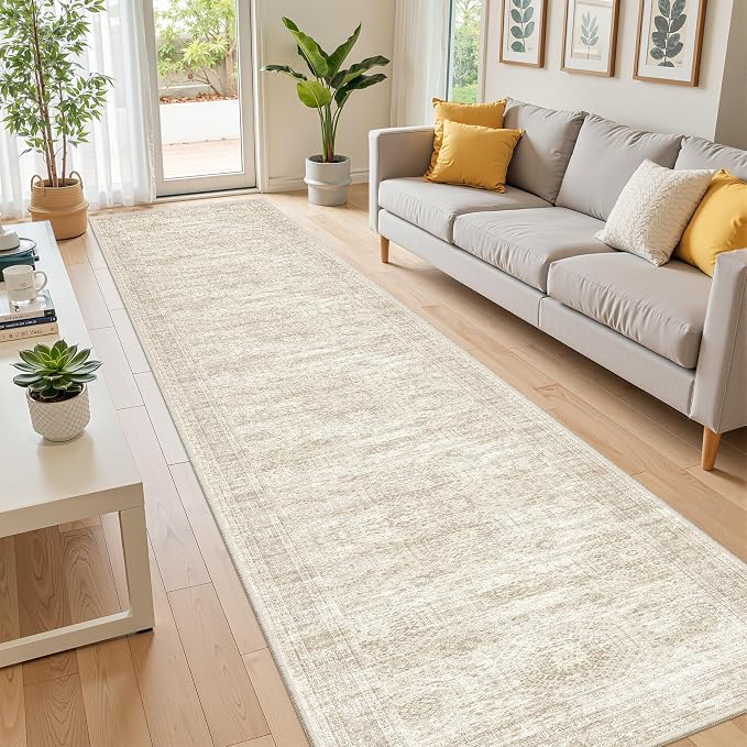 2x12 Runner Rug Non Slip,Washable Hallway Runner Rug,Beige | Long Neutral Rugs for Kitchen,Entryway,Bedroom,Bathroom,Laundry Room,Thin,Soft Runner Rug,Stain Resistant Indoor Carpet