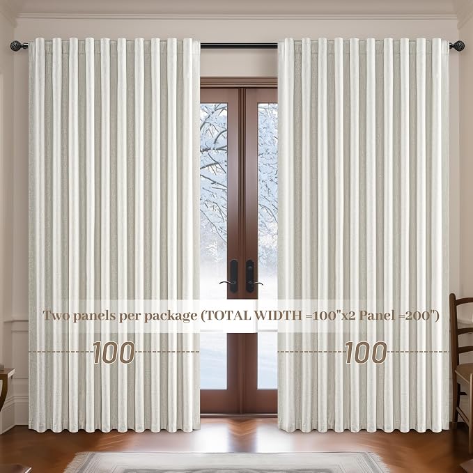 Extra Wide 100 Inch Blackout Curtains 108 Inches Long for Living Room,Rustic Boho Room Darkening Textured Linen Pleated Office Insulated Ceiling Large Heavy Window Drapes (100"W x 108"L 2Panels Birch)