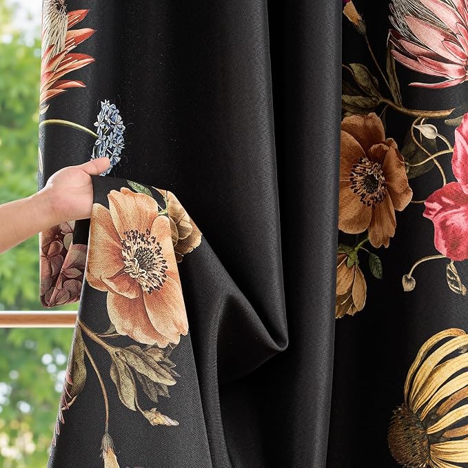 jinchan Black Floral Blackout Curtains 96 Inch Vintage Grommet 2 Panels | Room darkening, privacy, vibrant flower print, retro boho bohemian drapes, bedroom, living room, fall decor, window treatment