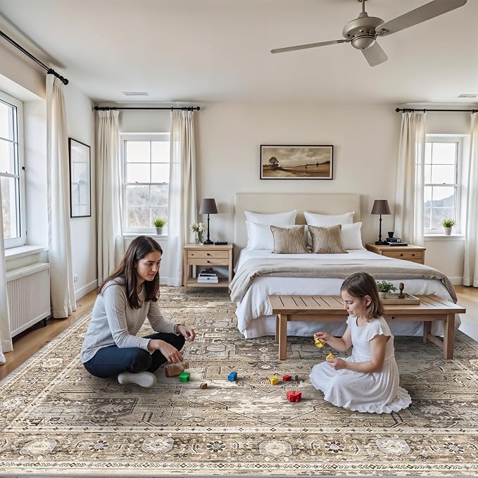 RUUGME Washable 12x12 Area Rug - Large Vintage Area Rugs with Non Slip Backing Stain Resistant Carpet for Bedroom Dining Room Indoor Soft Carpets Home Decor Decoration Mat 12x12 Beige