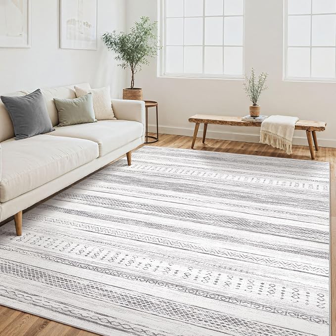 Tortania Area Rug Living Room Rugs - 5x7 Washable Large Soft Neutral Boho Moroccan Bohemian Farmhouse Rug Indoor Floor Carpet for Bedroom Under Dining Table Home Office Decor - Light Grey