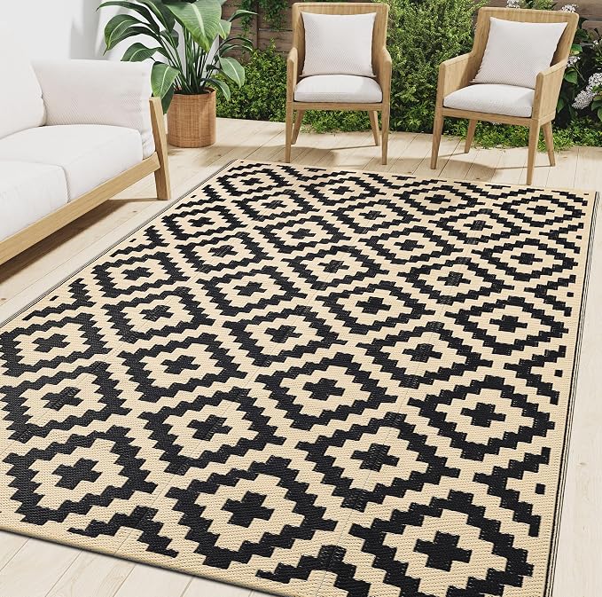Smiry Waterproof Outdoor Rug 10X14 ft, Reversible Plastic Straw Patio Camping Rugs, Outdoor Indoor RV Mat Carpet for Patio, Outside Entry, Backyard, Deck, Bench, Picnic, Camper, Black & Beige