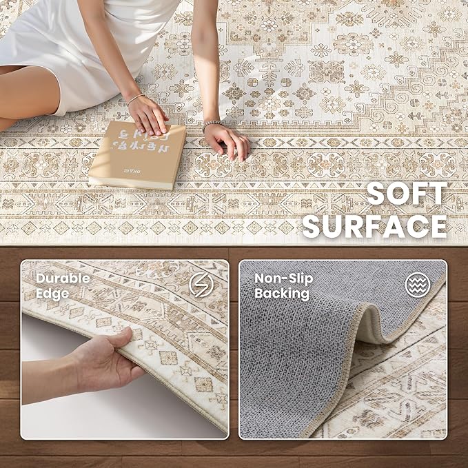 zesthome 2x12 Runner Rug, Long Hallway Rugs for Dining Room, Living Room, Bedroom, Machine Washable Kitchen Carpet Runner with Rubber Backing, Soft Low Pile Indoor Rug (Cream/Beige,2'x12')