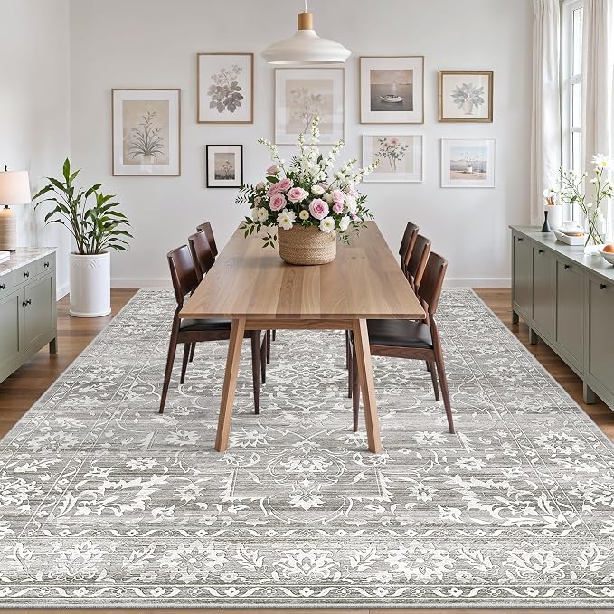 Soalmost Living Room 10x14 Area Rugs, Washable Soft Neutral Rugs Grey | Low Pile Non-Slip Stain Resistant Extra Large Thin Rug, Vintage Throw Carpet for Dining Room Bedroom Farmhouse Home Office