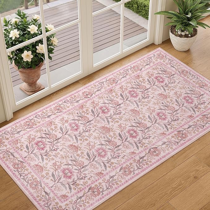 DUKINO 2x4 Rug, Washable Vintage Floral Entryway Rug Non Slip, Pink | Low Pile, Non-Shedding, Stain Resistant Boho Lightweight Soft Indoor Carpet for Kitchen Bathroom Hallway Laundry Farmhouse