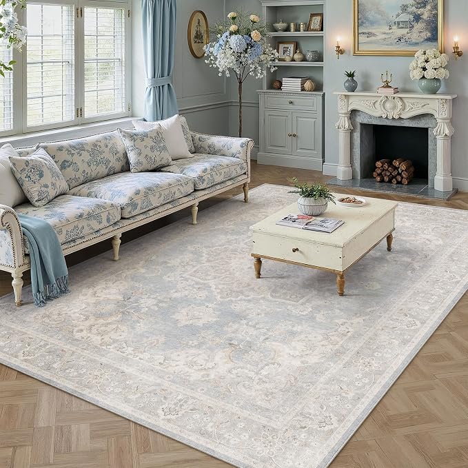 PureCozy 7x10 Area Rug Washable Blue Vintage Oriental Medallion | Non Slip, Soft Low Pile, Indoor Carpet for Living Room, Bedroom, Dining Room, Retro Decor