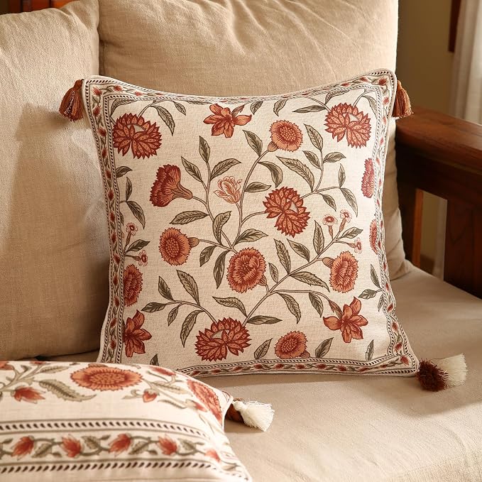 ISAENNE Vintage Elegant Linen Square Throw Pillow Cover,18"x18"-Albano A | Designer French Pillow Cover,Concealed Zipper Design,Orange Floral Pattern,Sofa,Bedroom,Living Room,Lounge Chairs