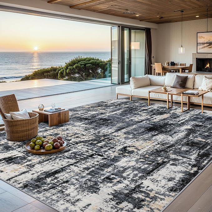 Area Rugs 10x12 Living Room - Washable Rug Modern Abstract Soft Large Neutral Non-Slip Carpet Indoor Floor Thin Carpets for Bedroom Dining Room Farmhouse Nursery Home Office Black Gold