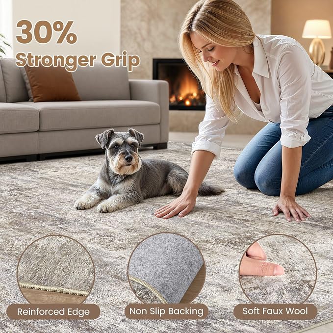 cotiled Washable 6x9 Area Rug for Living Room - Modern Abstract Carpet with Non-Slip Backing, Low Pile & Soft, Stain Resistant, Kid & Pet Friendly Decor for Bedroom & Dining Room - Brown Grey