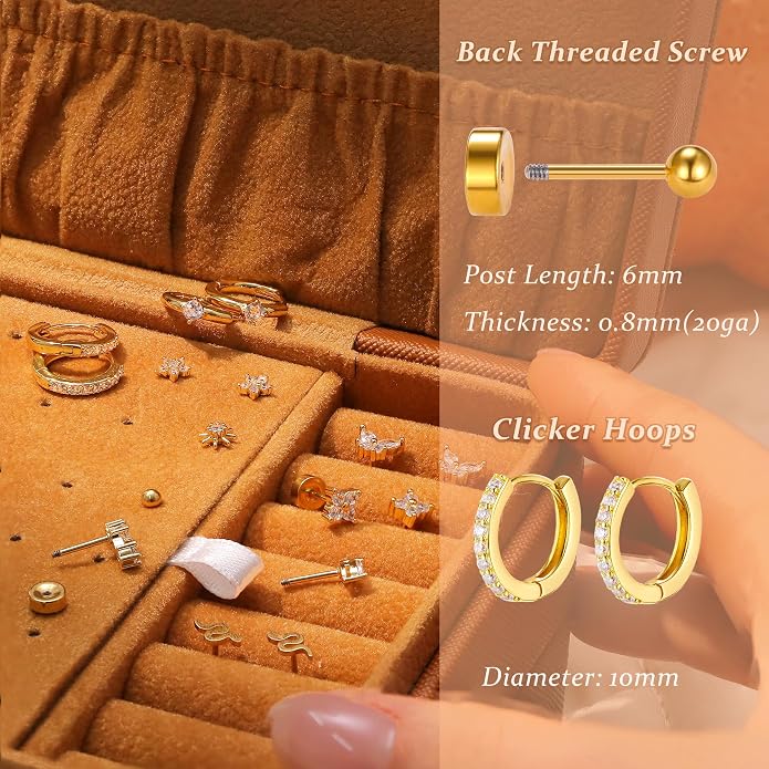 KRFY 25Pcs/17 Pairs Hypoallergenic Surgical Steel Earrings for Sensitive Ears 14K Gold Plated Flat Back Cartilage Earrings for Women Men Screw Back Flatback Stud Hoop Earring Set for Multiple Piercing