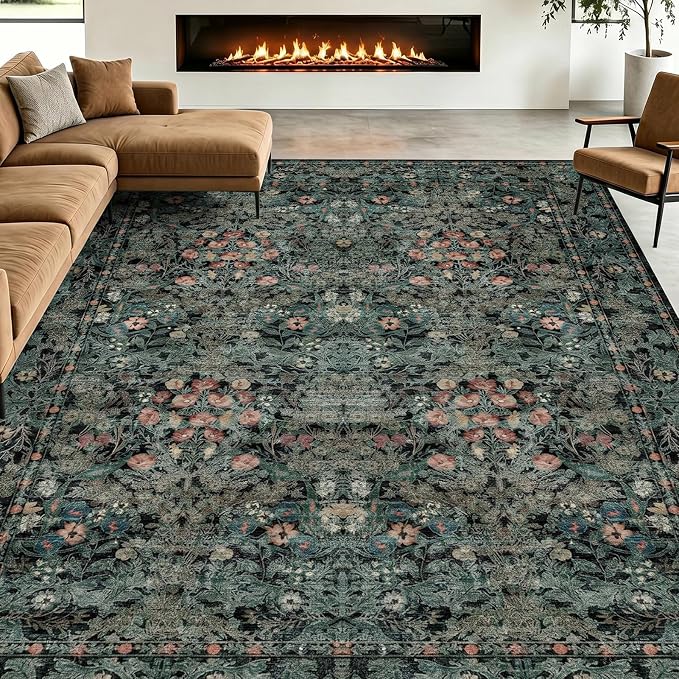 Dark Green Boho 5x7 Area Rugs for Bedroom Aesthetic, Washable Floral Rug for Living Room, Nursery - Low Pile Non Slip French Country Carpet for Dining Room Under Table - Botanical Mat for Indoor