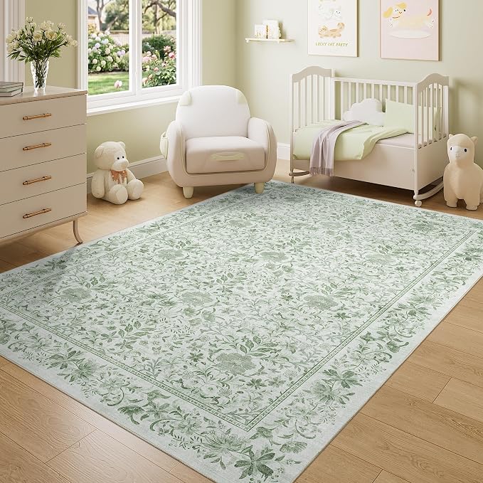 DUKINO 5x7 Area Rug Vintage Floral Washable Rug for Living Room Sage Green | Non Slip, Low Pile, Soft, Lightweight, Boho Indoor Carpet for Bedroom, Office, Dining Room, Dorm Room, Farmhouse, Home Decor