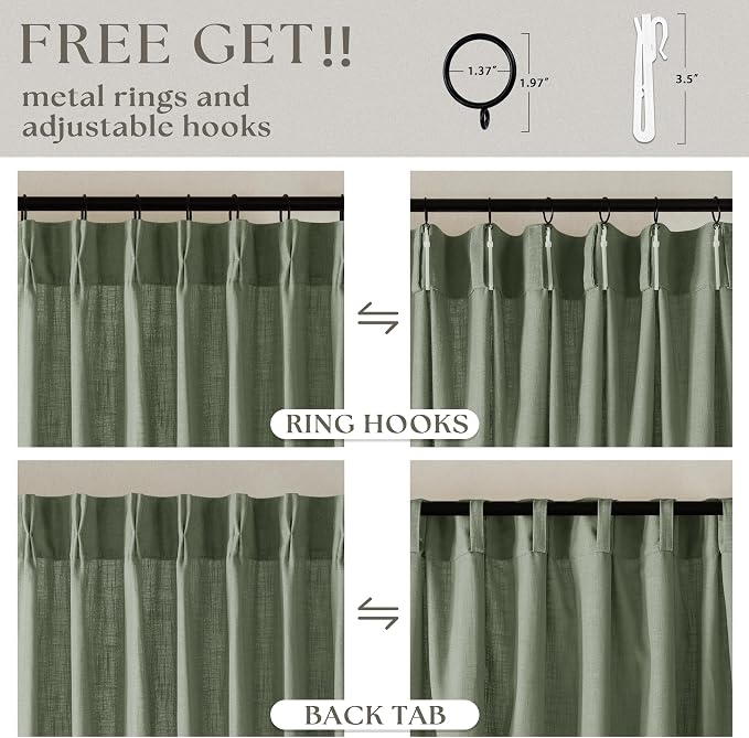 Sage Green Pinch Pleated Linen Light Filtering Curtains 80 Inches Long | Semi Sheer, 400GSM Thick Fabric, for Living Room Bedroom Window Sliding Glass Door, Pinch Pleat with Hooks Rings Back Tab