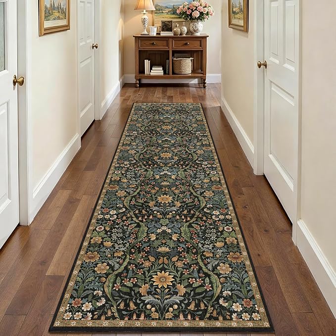 3x10 Washable Runner Rug,Black Brown Floral Boho Area Rug for Hallway,Low-Pile Non-Slip Stain Resistant Long Carpet for Kitchen, Bedside,Laundry Room,Entryway