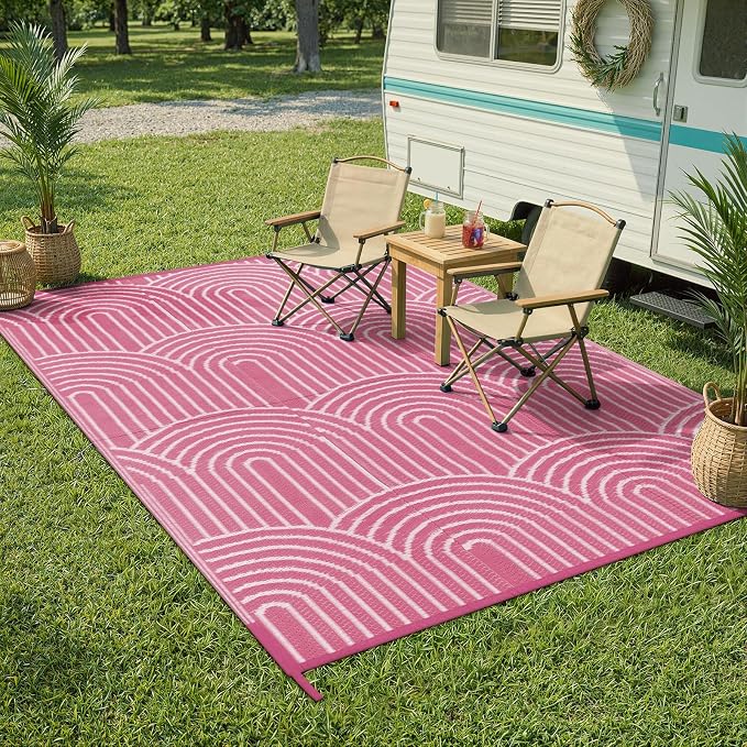 Lahome Deck Rugs Outdoor Waterproof 6x9 Patio Outside Rug, Plastic Straw Rug Reversible Rv Mat,Large Porch Floor Area Rug,Portable Camping Carpet for Balcony Tent (Rainbow Pink, 6'x9')