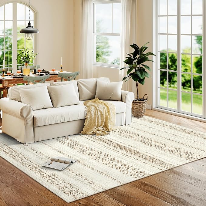 Miukiki 6x9 Area Rug for Living Room Moroccan Washable Rugs Non Slip Indoor Floor Carpet Foldable Large Soft Area Rug for Dining Room Bedroom with Low Pile(Brown,6'x9')
