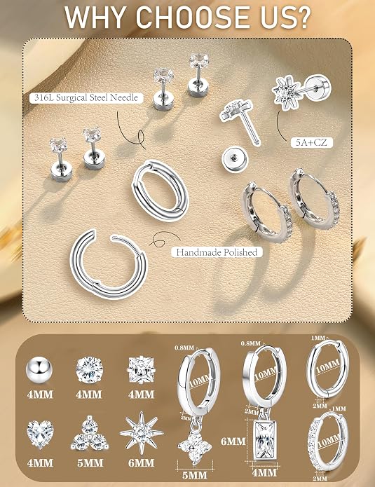 Florideco Hypoallergenic Flat Back Earrings Gold Cartilage Earring Sets for Multiple Piercing Surgical Stainless Steel Earrings for Women Trendy Earring Stacks Small Hoops Flat Back Stud Earrings
