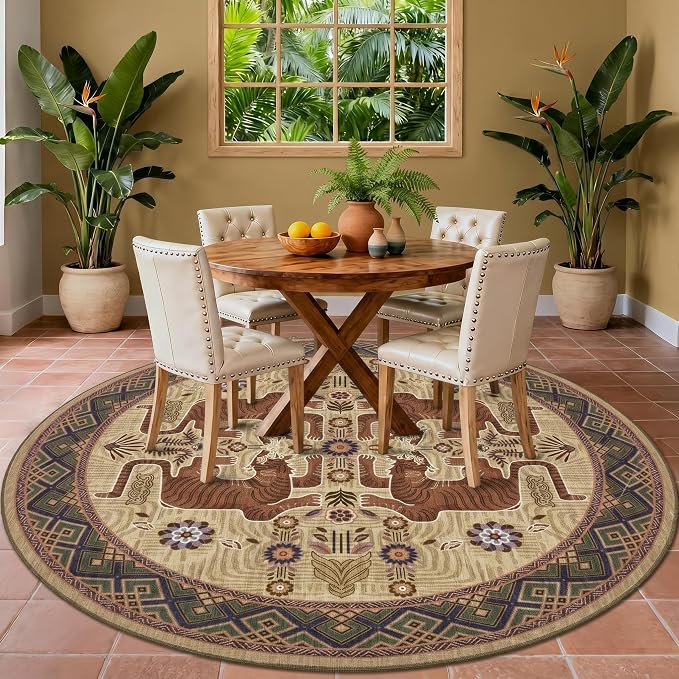 GarveeHome Tiger Round Area Rugs for Bedroom, 5ft Boho Brown Animal Print Circle Rugs Non Slip, Washable Vintage Tribal Floor Carpet for Dining Room Entryway Nursery Playroom Office