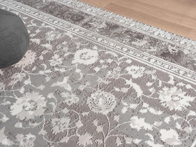 Amber Traditional Floral Area Rug for Living Room, 4x6 Vintage Persian-Inspired Gray Rug, Medium Pile Stain Resistant Carpet for Bedroom, Dining Room or Kitchen (4' x 6', Gray)