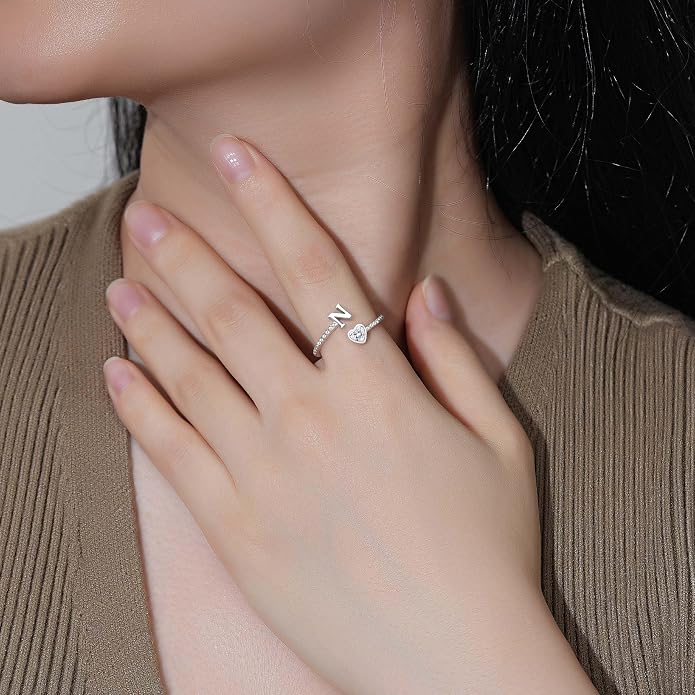 Step Forward 925 Sterling Silver Adjustable Initial Ring for Women | Non Tarnish Letter Rings for Lady | Alphabet Heart Thumb Rings | Capital Letter Jewelry Gifts